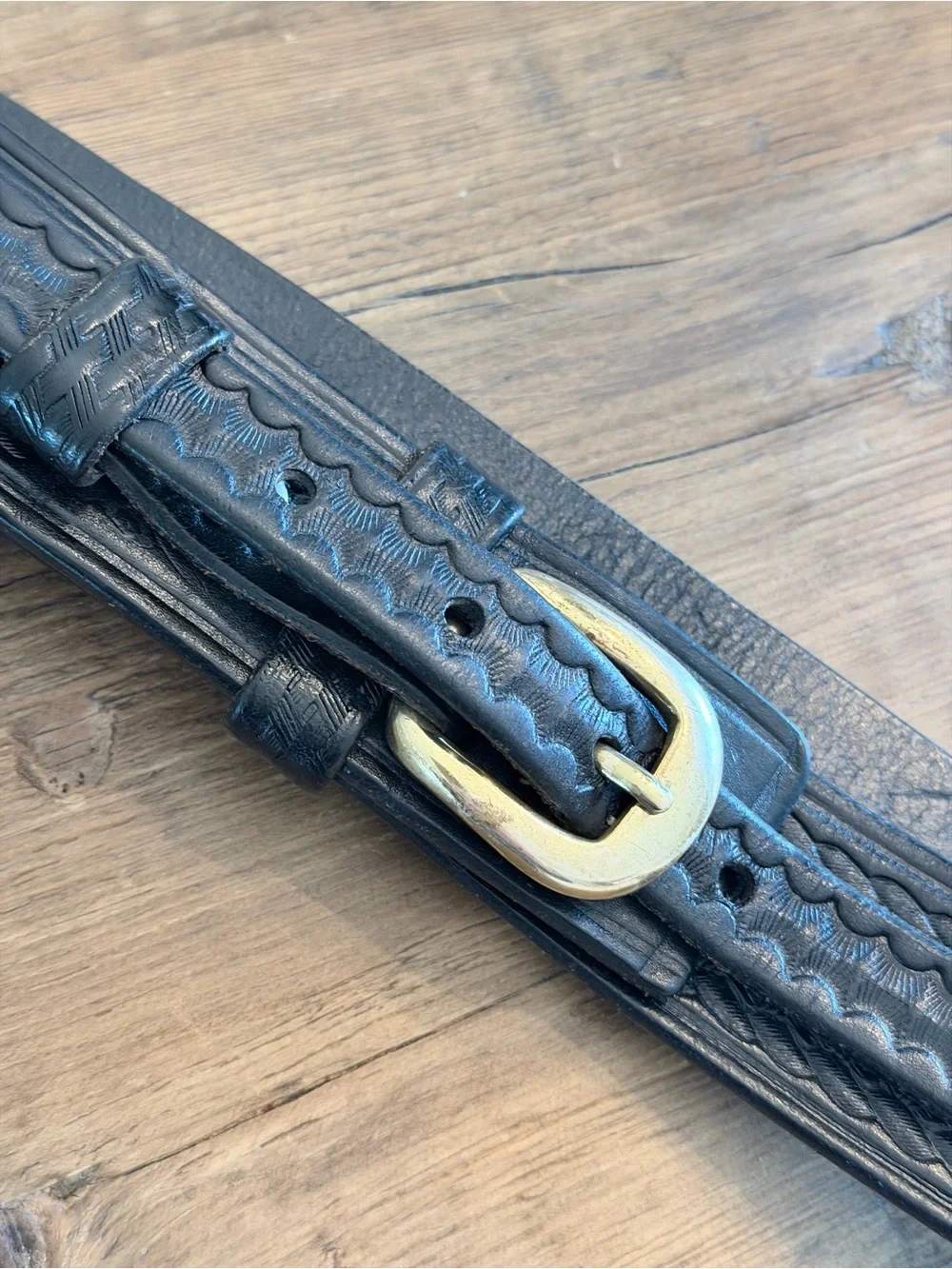 Vintage Triple K Braided Leather Ranger Belt. Black | Brass Buckle | Embossed